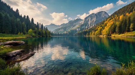 Panoramic view of idyllic alpine lake. Dramatic and picturesque scene. Location place Karagol (Black...