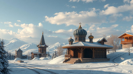 Panoramic view of the Church of the Intercession of the Holy Virgin on the Nerl River in winter, Russiaの写真素材