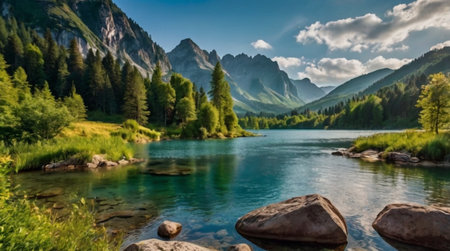Mountain lake in the Dolomites, Italy. Panoramic view
