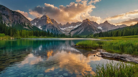 Mountain lake with reflection of the sky and clouds at sunset.