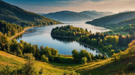 Panoramic view of the mountain lake in the Carpathian mountainsの写真素材