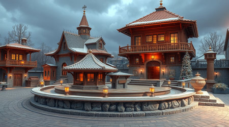 Wooden gazebo in the park at nightの写真素材