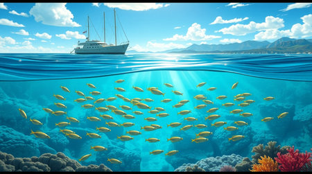 Underwater view of ship and coral reef. 3D Rendering
