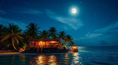 House on a tropical island at night with full moon in the skyの写真素材