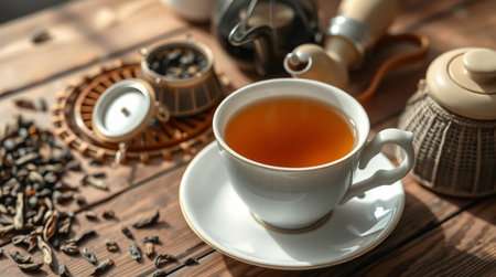 Cup of tea with teapot on wooden table, closeupの写真素材