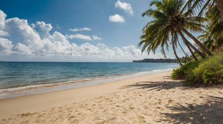 Panoramic view of a tropical beach with palm trees and sandの写真素材