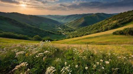 Landscape with green hills and blue sky at sunset. Carpathian, Ukraine