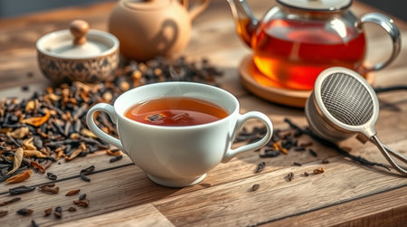 Cup of tea on wooden table, closeup.の写真素材