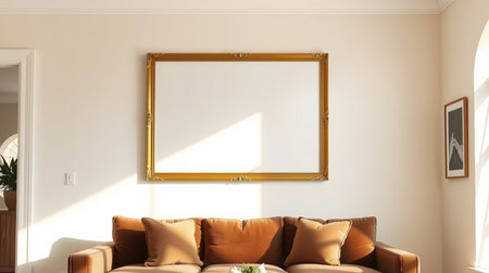Interior of modern living room with brown sofa and blank picture frame