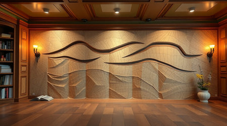 3d rendering of interior room with wavy pattern on wall.