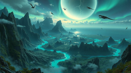 Fantasy alien planet. Mountain and lake. 3D illustration.の写真素材