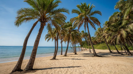 Coconut palm trees on the sandy beach in the Caribbean.の写真素材