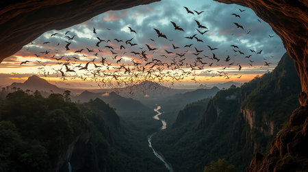 Flock of birds flying in the cave at sunset, Phu Chi Fa, Vietnamの写真素材