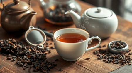 Cup of black tea and teapot on wooden table, closeupの写真素材