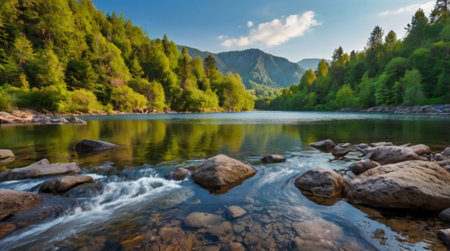 Beautiful mountain landscape with a river and a forest on the shoreの写真素材