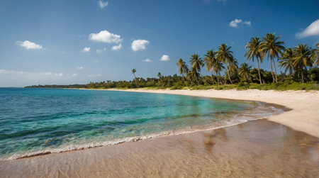 Tropical beach with palm trees and turquoise seaの写真素材