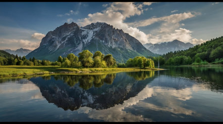 Reflection of the mountains and the lake in the italian alps