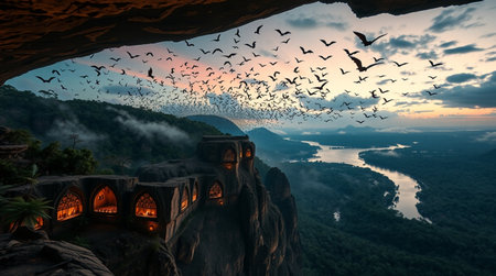 Birds flying over a cave on the background of a beautiful sunsetの写真素材
