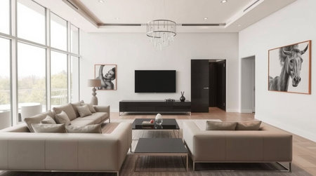 Modern living room interior design. 3d render illustration mock up.の写真素材