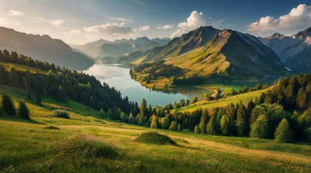 panoramic view of alpine meadow and lakeの写真素材