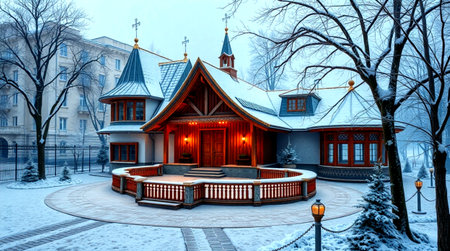 3d render of a wooden house in the city park at winterの写真素材