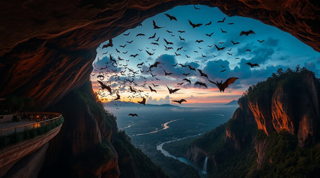 Birds flying in cave at sunset. 3D Rendering.の写真素材