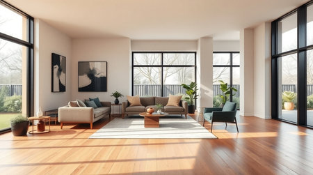 Interior of modern living room with white walls, wooden floor, comfortable sofa and armchairs near...