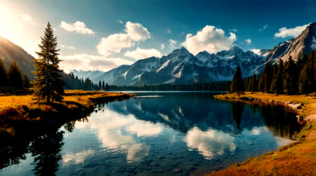 Mountains reflected in the lake, Jasper National Park, Alberta, Canadaの写真素材