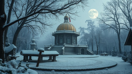 Wooden church in the winter forest with full moon in the background