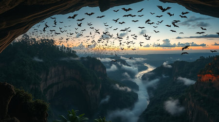 Bats flying in cave at sunset, Zhangjiajie National Forest Park, Hunan Province, China
