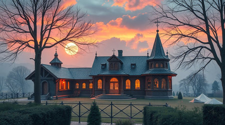 Wooden house at sunset. Beautiful evening landscape.の写真素材