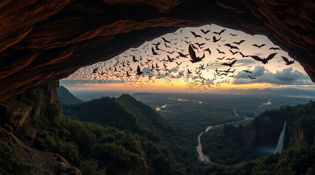 Beautiful sunset with birds flying in the sky.の写真素材