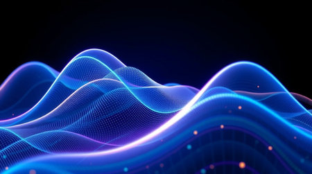 3d render, abstract background with blue glowing particles, wave lines, 3d illustrationの写真素材