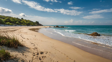 Panorama of a beautiful sandy beach with turquoise water and blue skyの写真素材