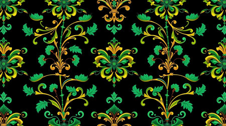 Seamless pattern with green and yellow flowers on a black backgroundの写真素材