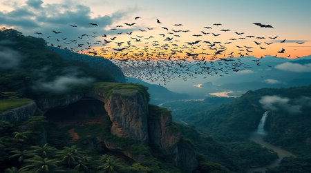 Flock of birds flying over a cave at sunset. 3D renderingの写真素材