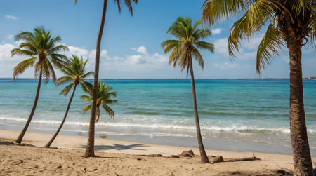 Coconut palm trees on a sandy beach with turquoise water.の写真素材