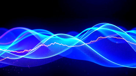 abstract blue background with wave line and bokeh lights.の写真素材