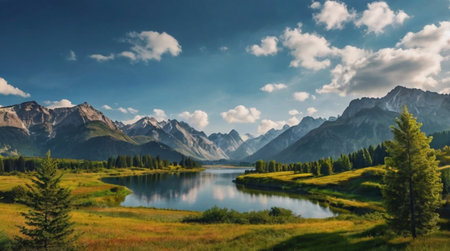 Mountain lake in Altai mountains, Russia. Panoramic view