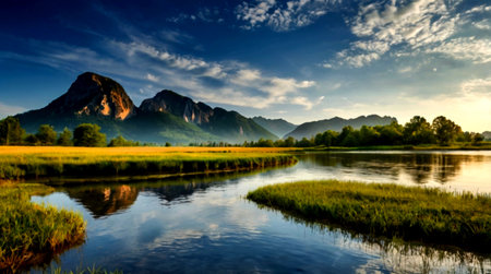 Panoramic view of the mountains reflected in the calm lake.の写真素材