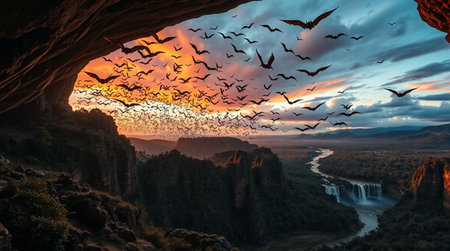 Birds flying in the cave at sunset.の写真素材