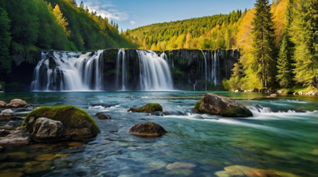 Waterfall in the mountains. Beautiful summer landscape with a waterfall.