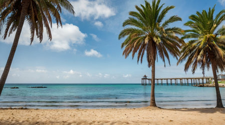 Tropical beach with palm trees and a pier in the backgroundの写真素材