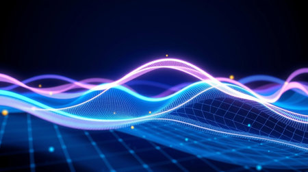 3d illustration of technology abstract background with wave lines and glowing particlesの写真素材