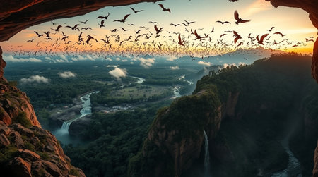 Flock of birds flying over a cave at sunset.の写真素材