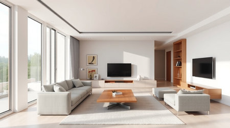 Interior of modern bright living room with white walls, beige sofa and tv on the wall. 3d rendering