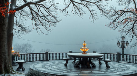3d render of bench and table in the park with foggy backgroundの写真素材