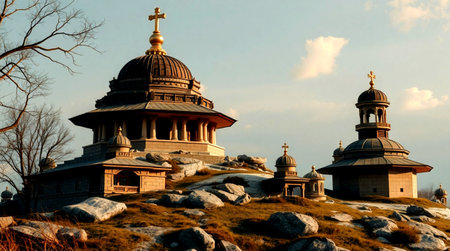 Orthodox church on the top of a hill in the early morningの写真素材