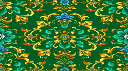 Seamless floral pattern with colorful flowers on a green background.の写真素材