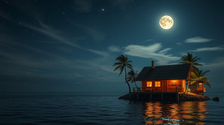 House in the sea at night with full moon. 3D renderの写真素材